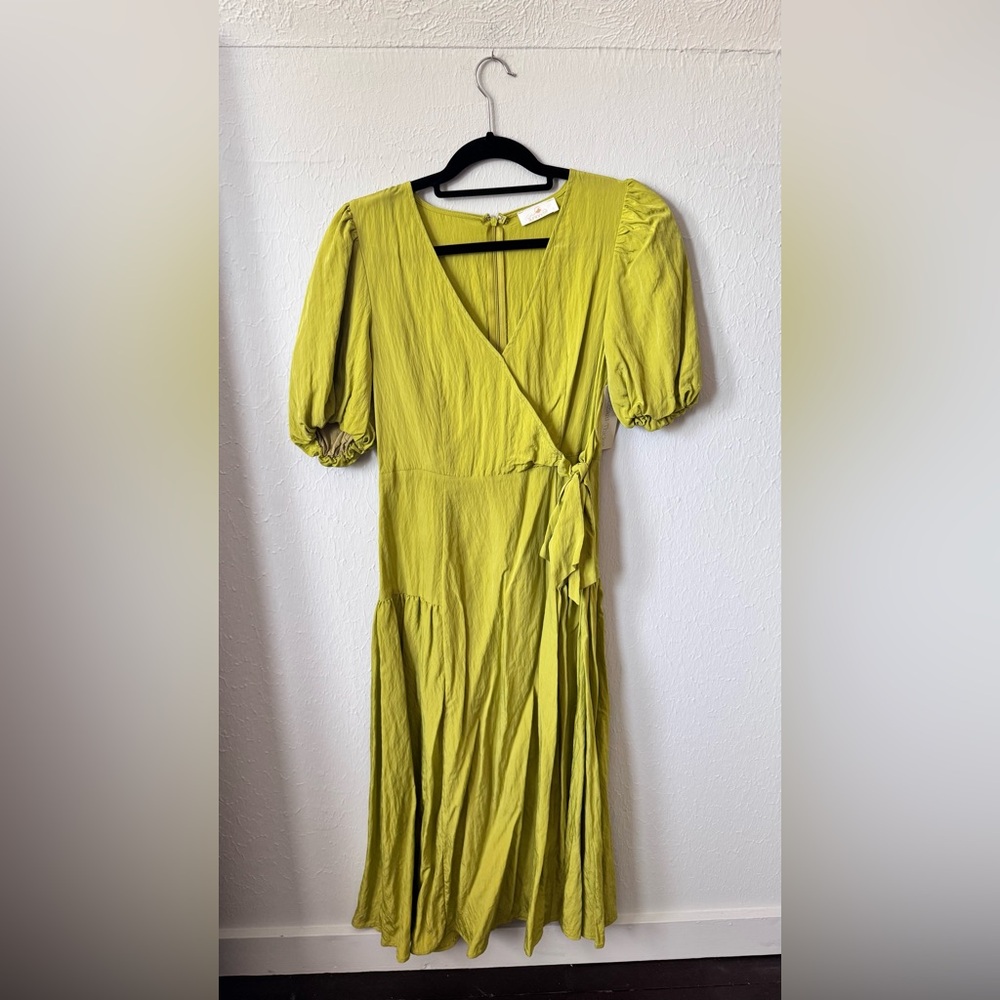 Puff Sleeve Wrap Midi Dress in Lime Green